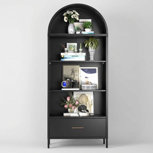 72.8-inch Arched Bookcase with Drawer — Black