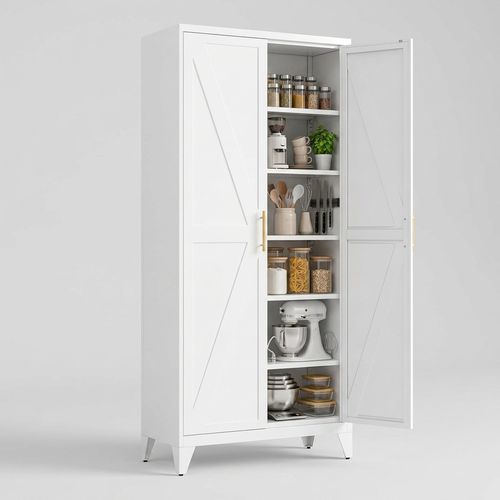 75.3-inch Metal Kitchen Pantry Cabinet — White