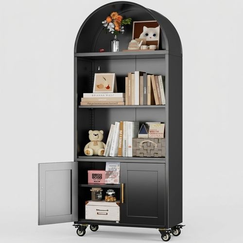 72.3-inch Arched Bookcase with Wheels — Black