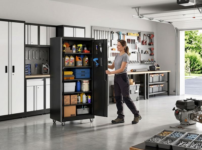 Black pegboard-door garage cabinet with loaded shelves and hung tools
