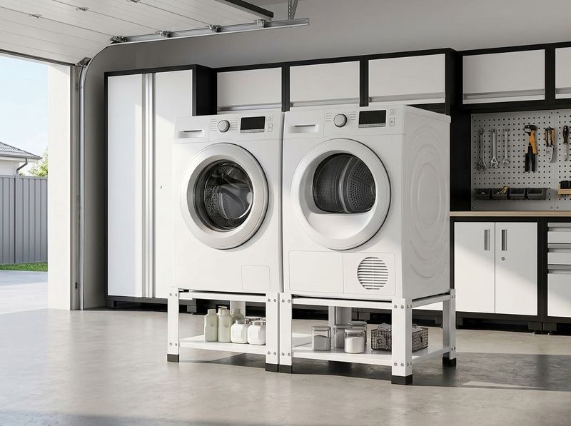 White metal washer and dryer pedestals raising a front-load washer with detergent on lower shelves