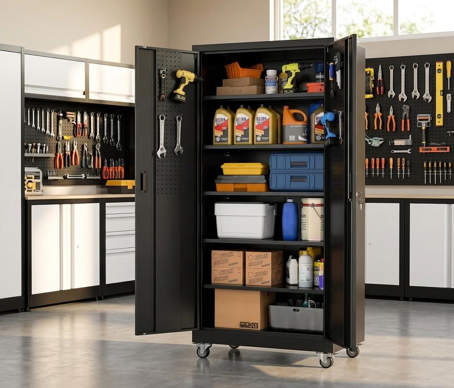Garage Storage Cabinet with Pegboard Doors in a home workshop