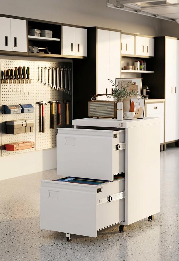 White rolling 2-drawer metal file cabinet beside a desk with a drawer of hanging folders