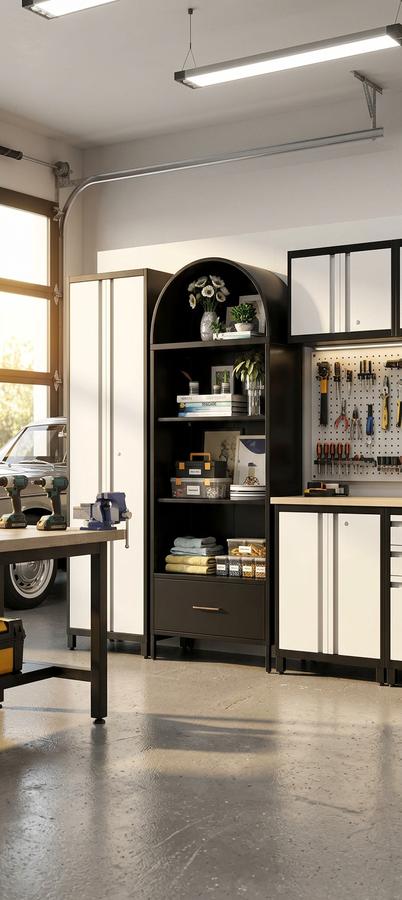 72.8 inch Arched Bookcase with Drawer in a study