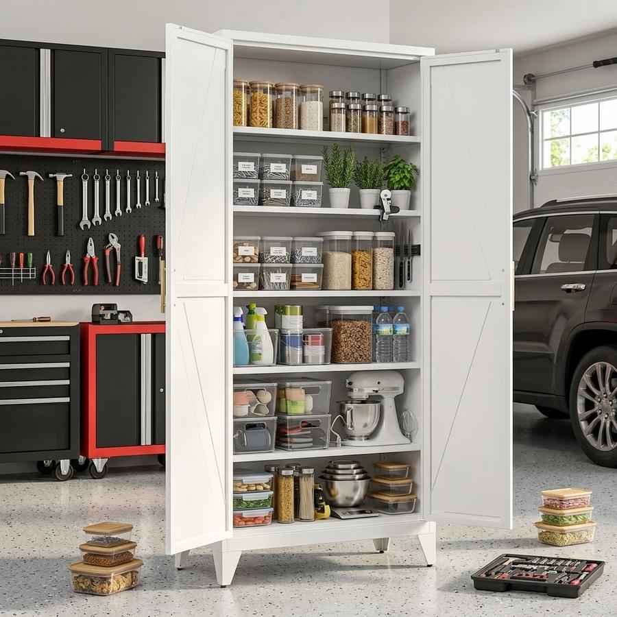 Tall white metal pantry cabinet with five shelves of canned goods and cookware