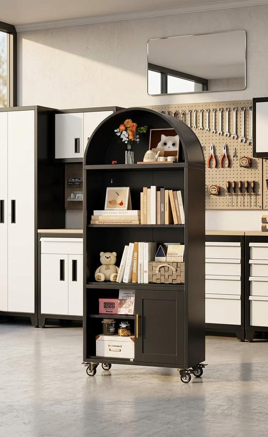 72.3 inch Arched Bookcase with Wheels in a living room