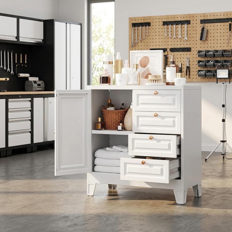 4-Drawer Metal Bathroom Cabinet in a bathroom