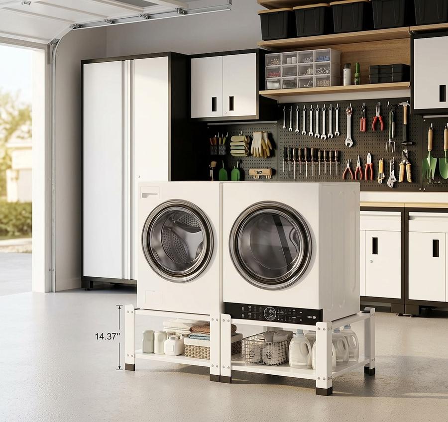 White metal washer and dryer pedestals in a laundry room